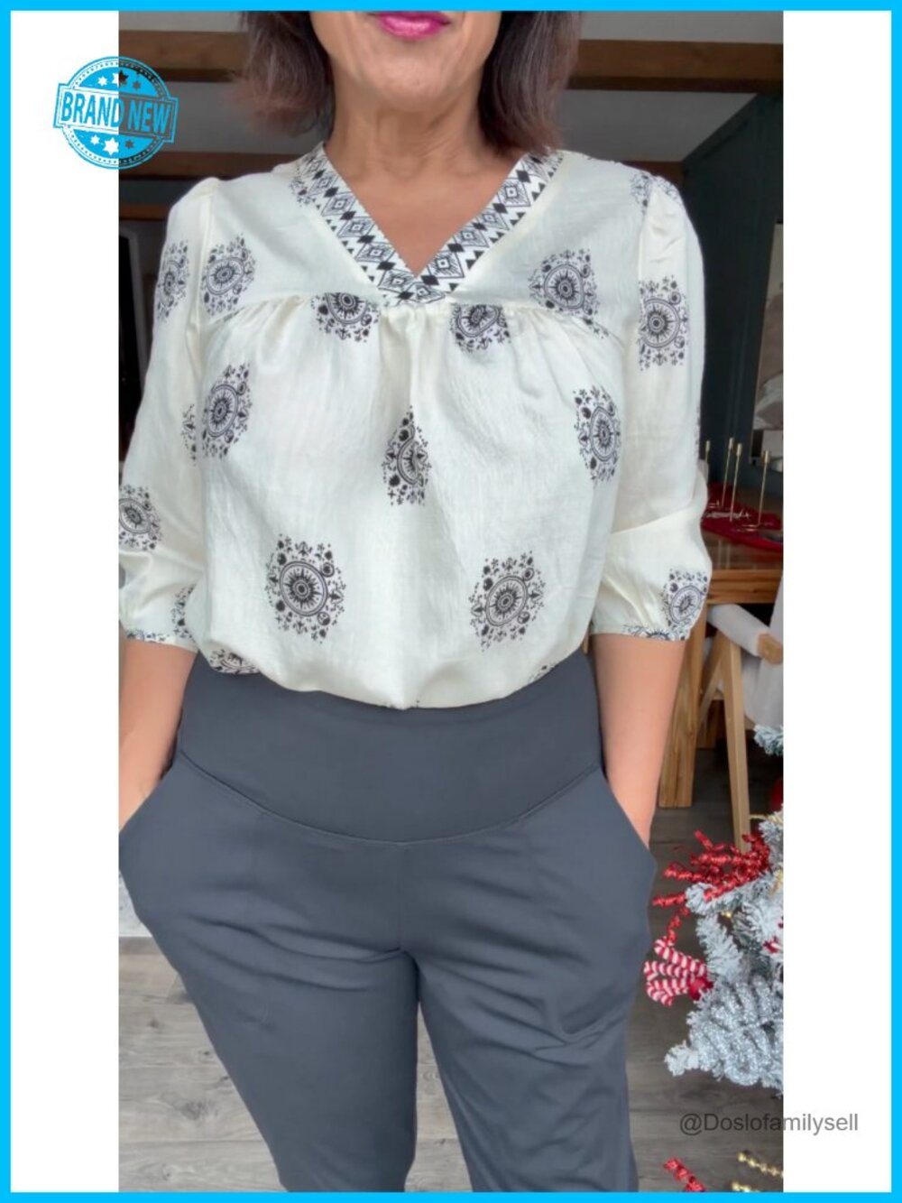 3/4 Sleeve V Neck Boho Blouse Tunic with Puff Sleeve - Picture 7 of 7